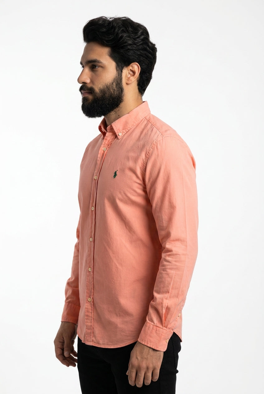 Camisa Social Lisa RL Manga Longa - Salmão Small Pony Verde
