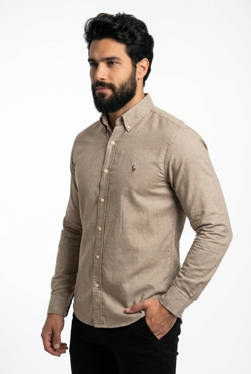 Camisa Social Lisa RL Manga Longa - Marrom Acinzentado