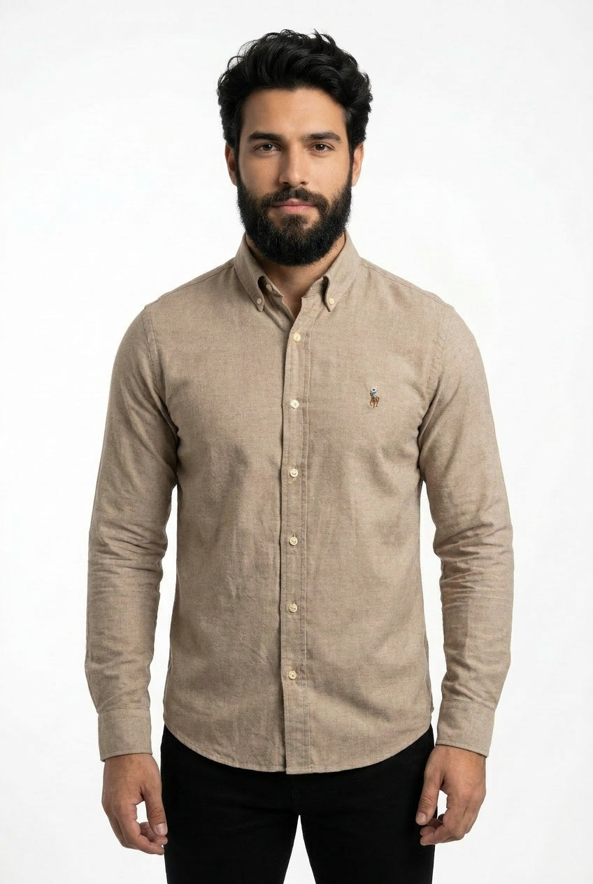 Camisa Social Lisa RL Manga Longa - Marrom Acinzentado