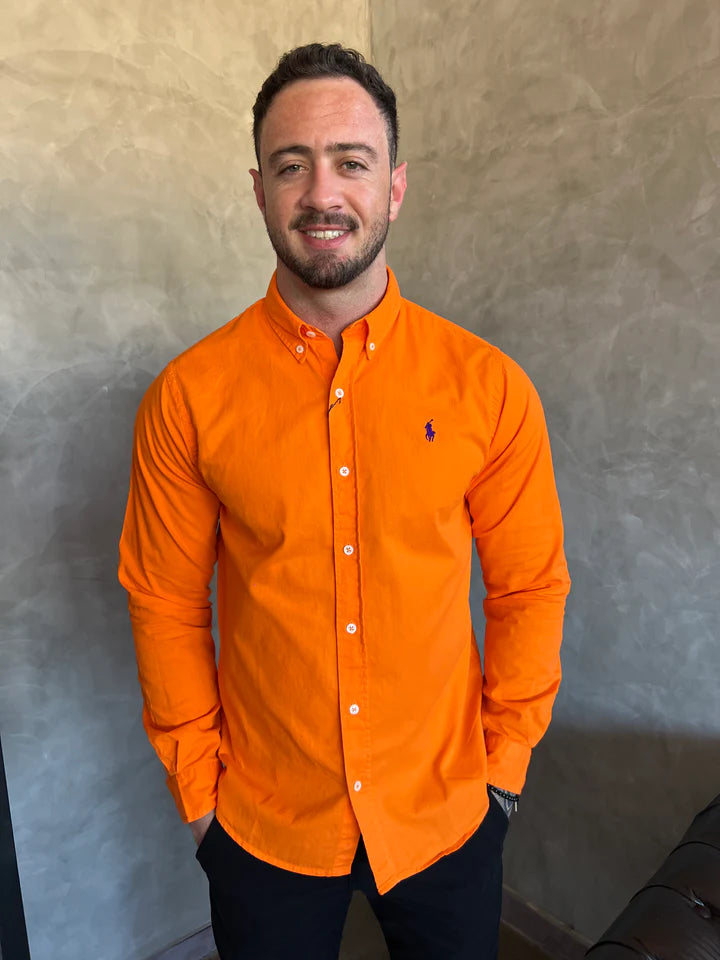 Camisa Social Manga Longa RL em Oxford Tinturado - Laranja