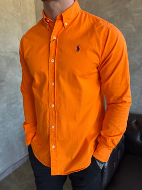 Camisa Social Manga Longa RL em Oxford Tinturado - Laranja