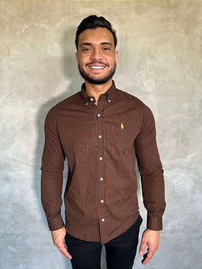 Camisa Social Microxadrez RL Manga Longa - Marrom com Preto Small Pony Amarelo