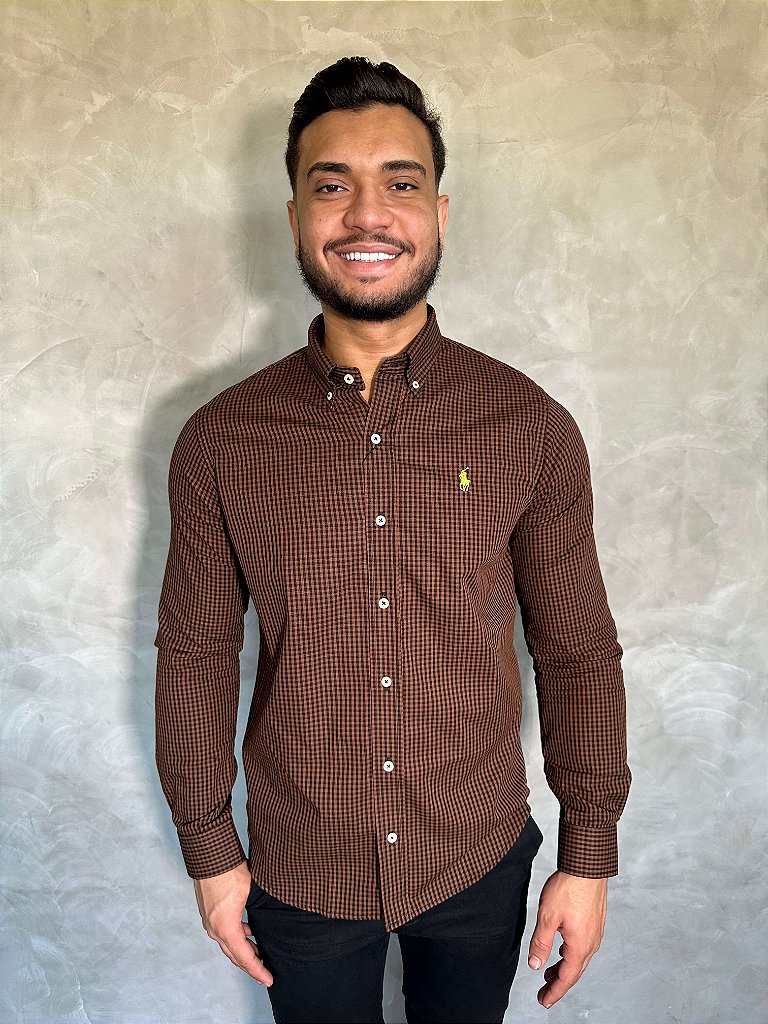 Camisa Social Microxadrez RL Manga Longa - Marrom com Preto Small Pony Amarelo