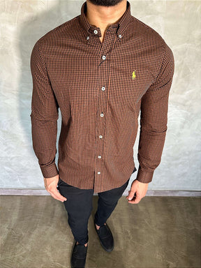 Camisa Social Microxadrez RL Manga Longa - Marrom com Preto Small Pony Amarelo