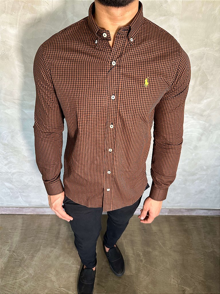 Camisa Social Microxadrez RL Manga Longa - Marrom com Preto Small Pony Amarelo