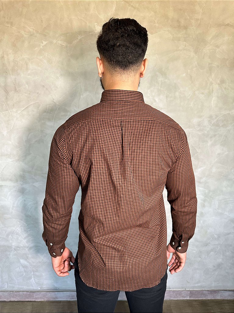 Camisa Social Microxadrez RL Manga Longa - Marrom com Preto Small Pony Amarelo