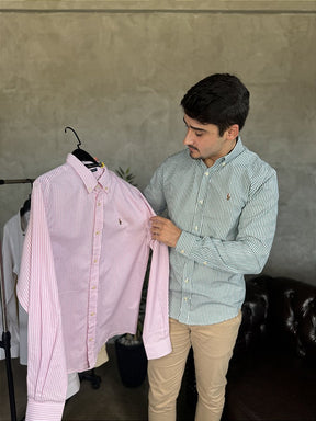 Camisa Social Listrada RL Manga Longa - Rosa Claro