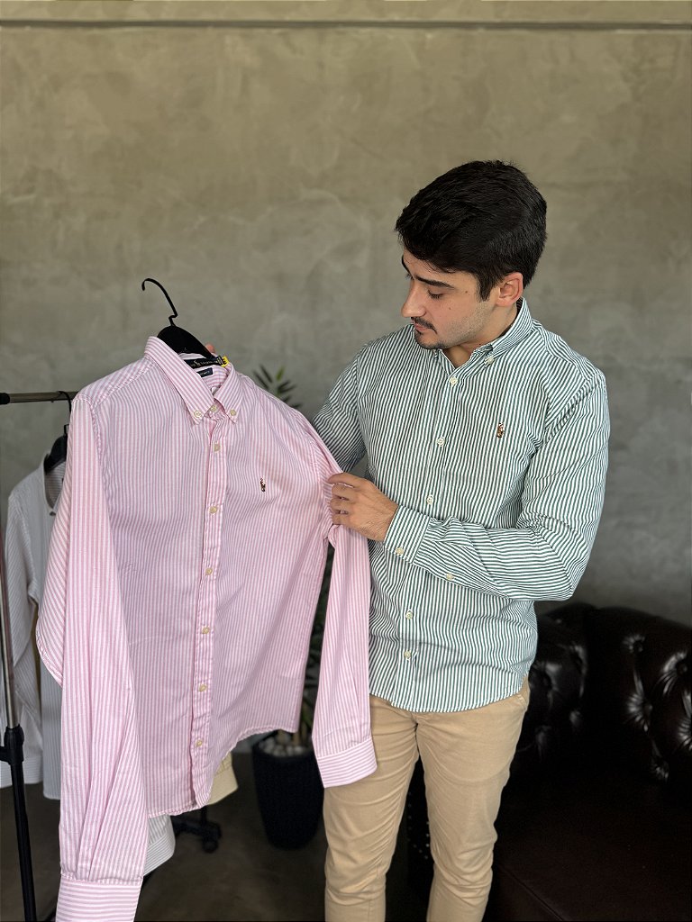 Camisa Social Listrada RL Manga Longa - Rosa Claro
