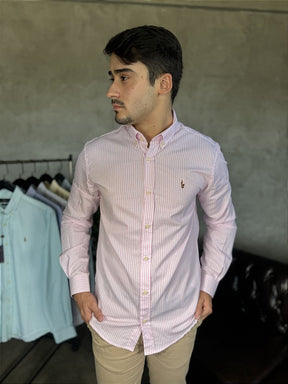 Camisa Social Listrada RL Manga Longa - Rosa Claro