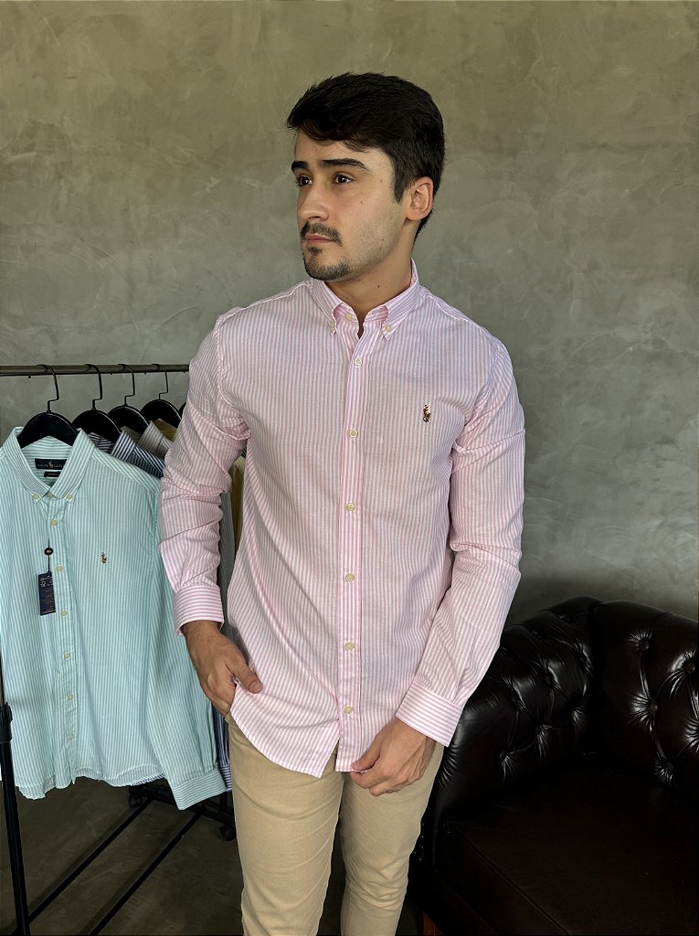 Camisa Social Listrada RL Manga Longa - Rosa Claro