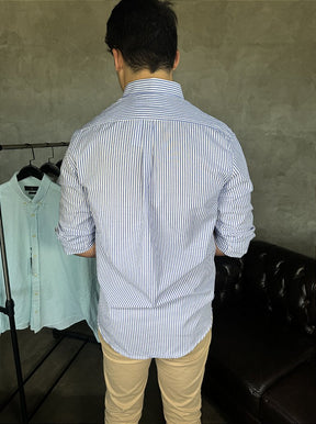 Camisa Social Listrada RL Manga Longa - Azul