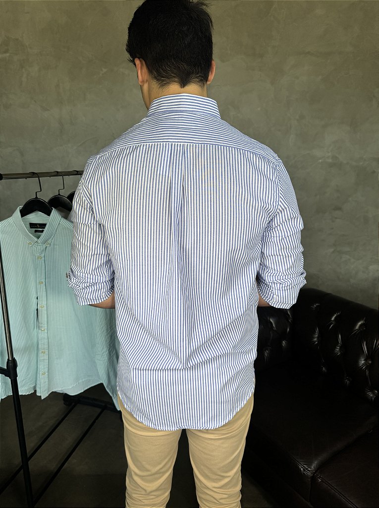 Camisa Social Listrada RL Manga Longa - Azul