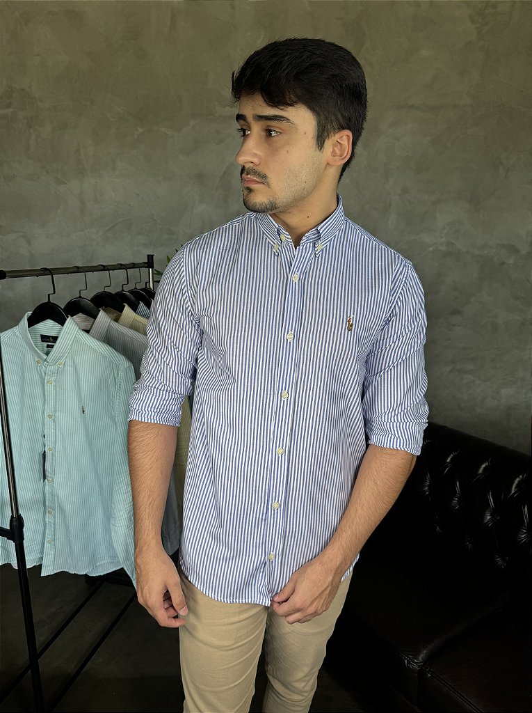 Camisa Social Listrada RL Manga Longa - Azul