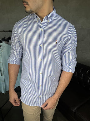 Camisa Social Listrada RL Manga Longa - Azul