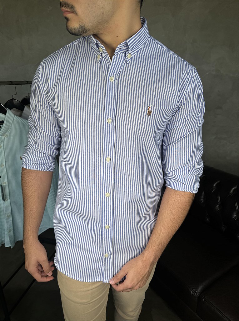 Camisa Social Listrada RL Manga Longa - Azul