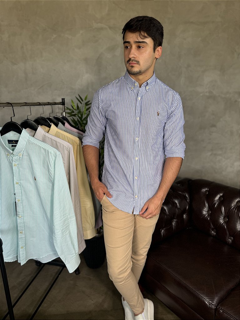 Camisa Social Listrada RL Manga Longa - Azul
