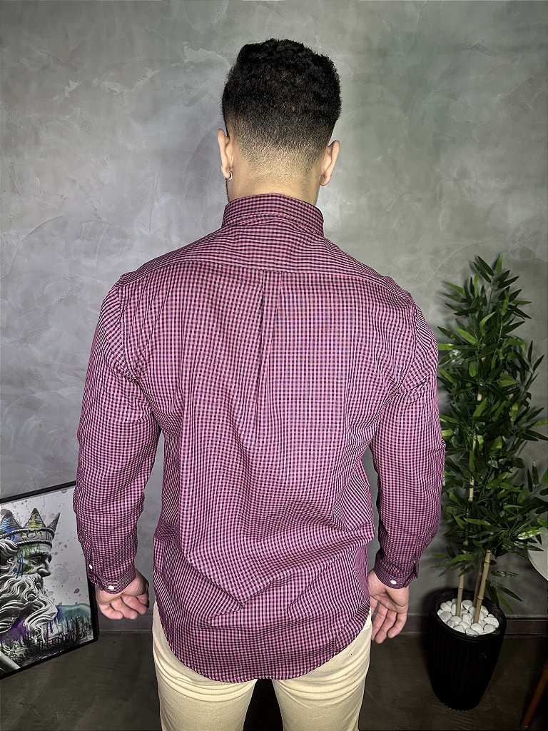 Camisa Social RLManga Longa - Microxadrez Rosa Small Pony Verde