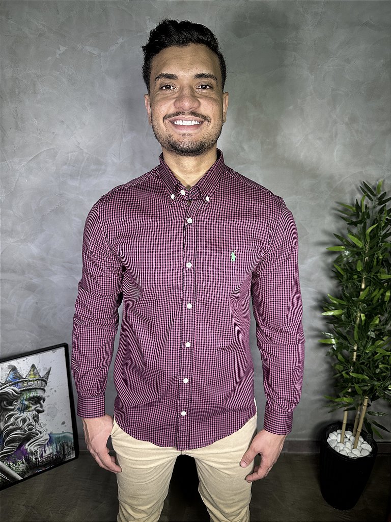 Camisa Social RLManga Longa - Microxadrez Rosa Small Pony Verde