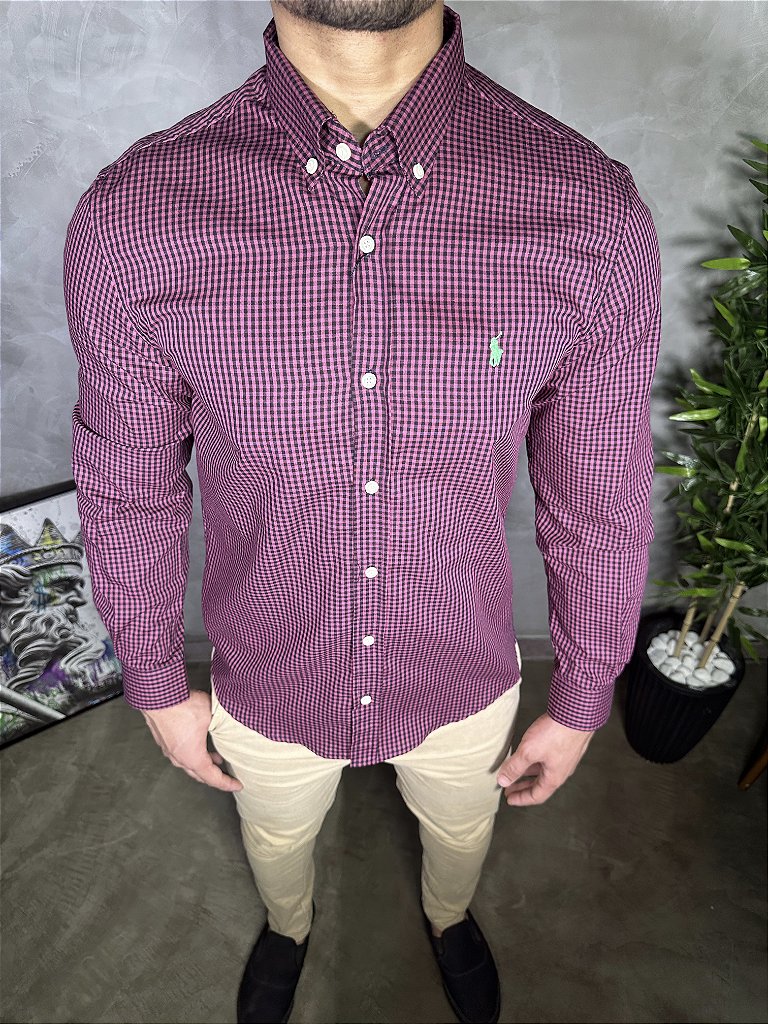 Camisa Social RLManga Longa - Microxadrez Rosa Small Pony Verde