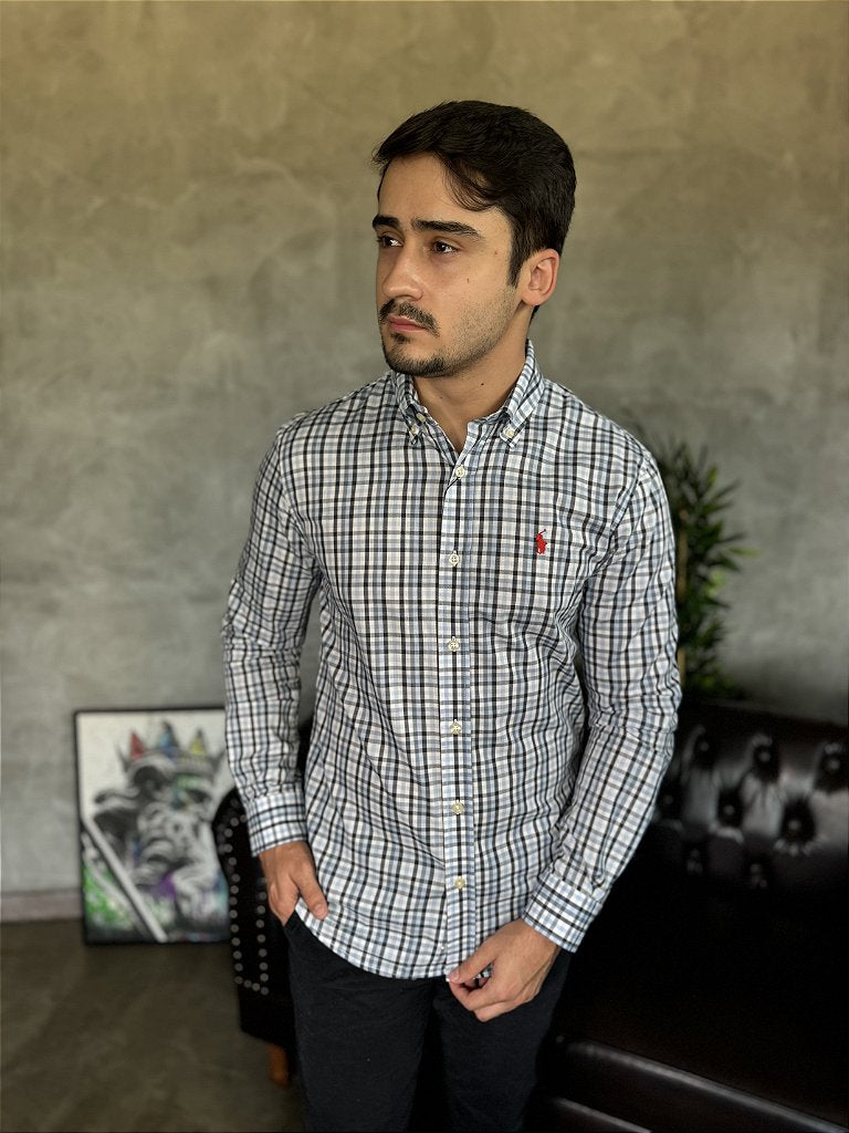 Camisa Social Xadrez RL Manga Longa - Azul Bebê e Marinho Small Pony Vermelho