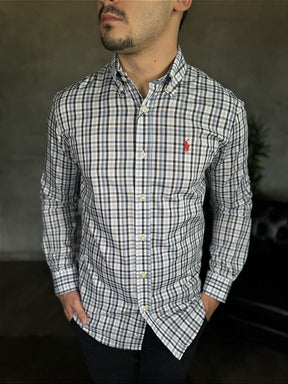 Camisa Social Xadrez RL Manga Longa - Azul Bebê e Marinho Small Pony Vermelho