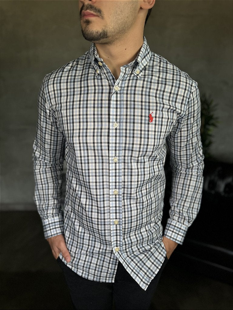 Camisa Social Xadrez RL Manga Longa - Azul Bebê e Marinho Small Pony Vermelho
