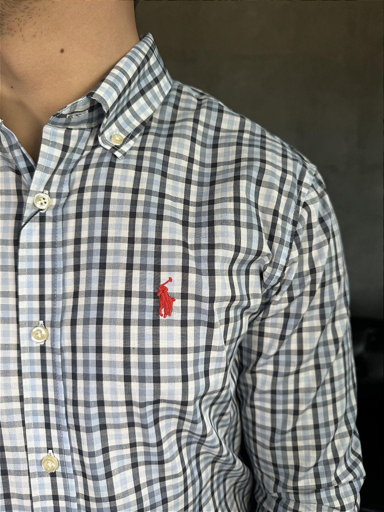 Camisa Social Xadrez RL Manga Longa - Azul Bebê e Marinho Small Pony Vermelho
