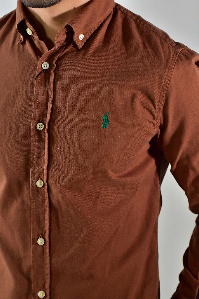 Camisa Social Lisa RL Manga Longa - Marrom Small Pony Verde