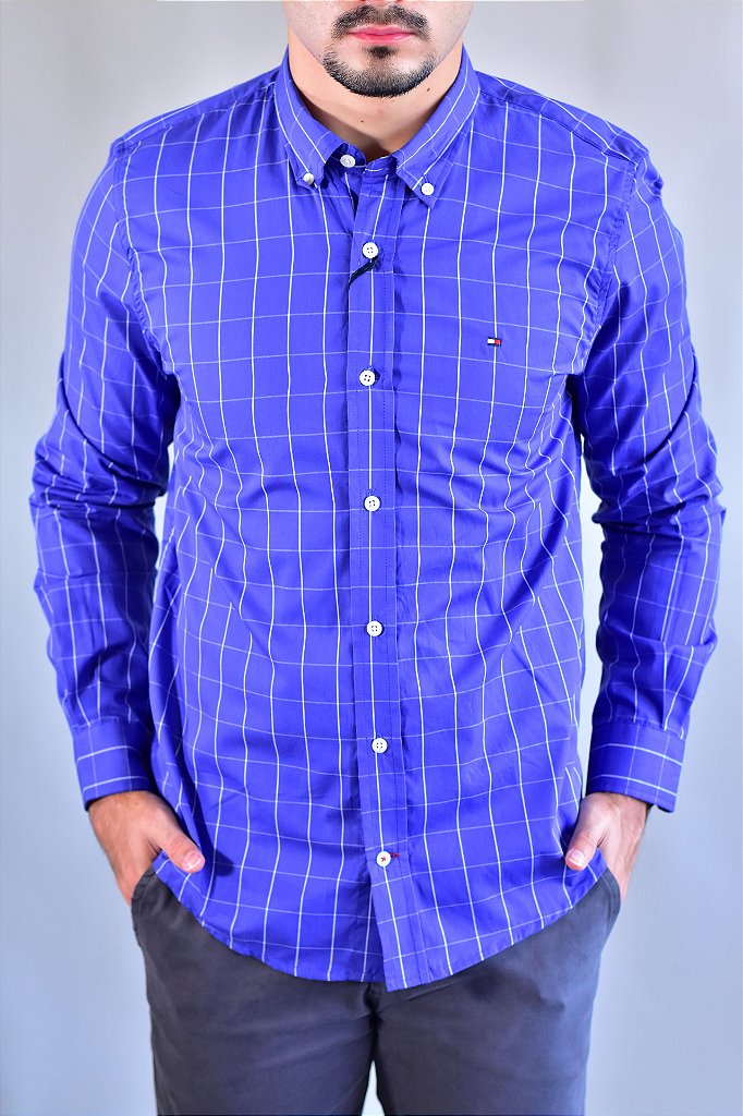 Camisa Social Manga Longa TH Xadrez - Marinho linhas em Branco