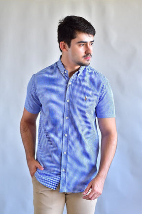 Camisa Manga Curta RL - Microxadrez Azul Small Pony Color