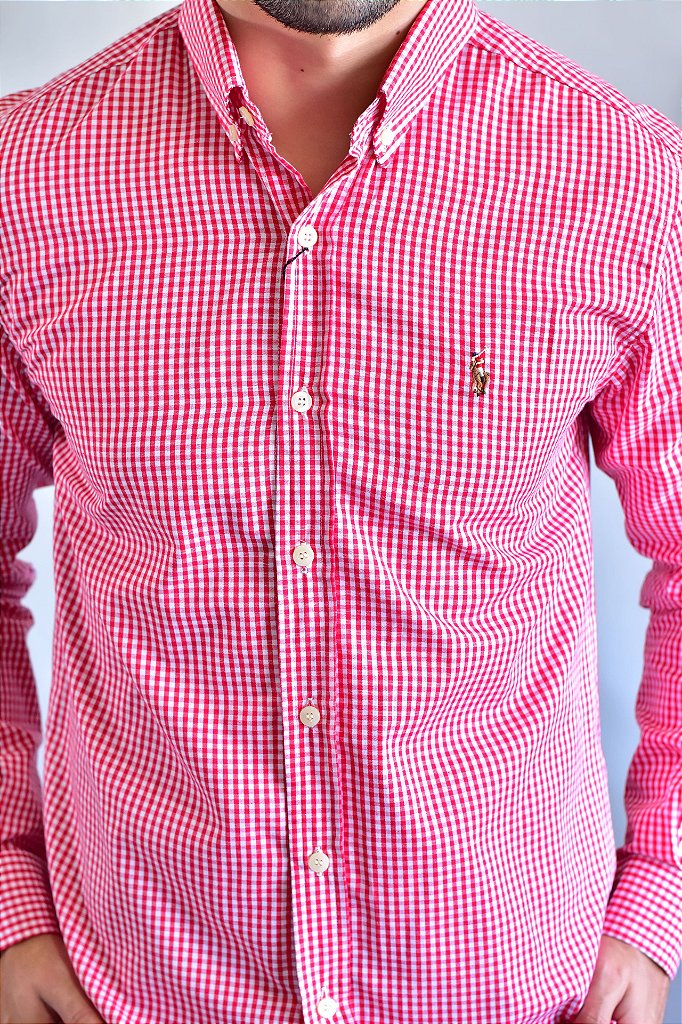 Camisa Social RL Manga Longa - Microxadrez Vermelho Small Pony Color
