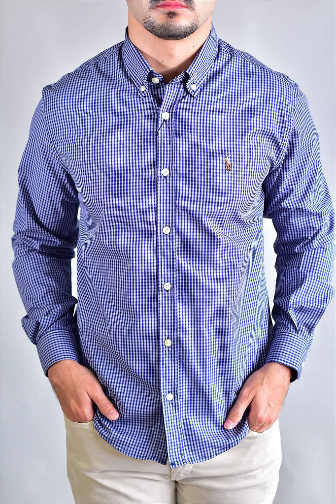 Camisa RL Manga Longa - Microxadrez Azul Marinho | Cinza
