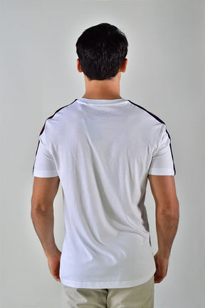 Camiseta AX Stripes Cursive Logo - Branca