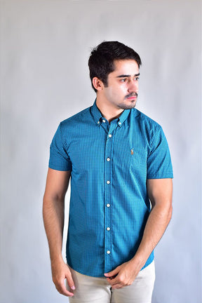 Camisa Manga Curta RL - Microxadrez Turquesa | Preto