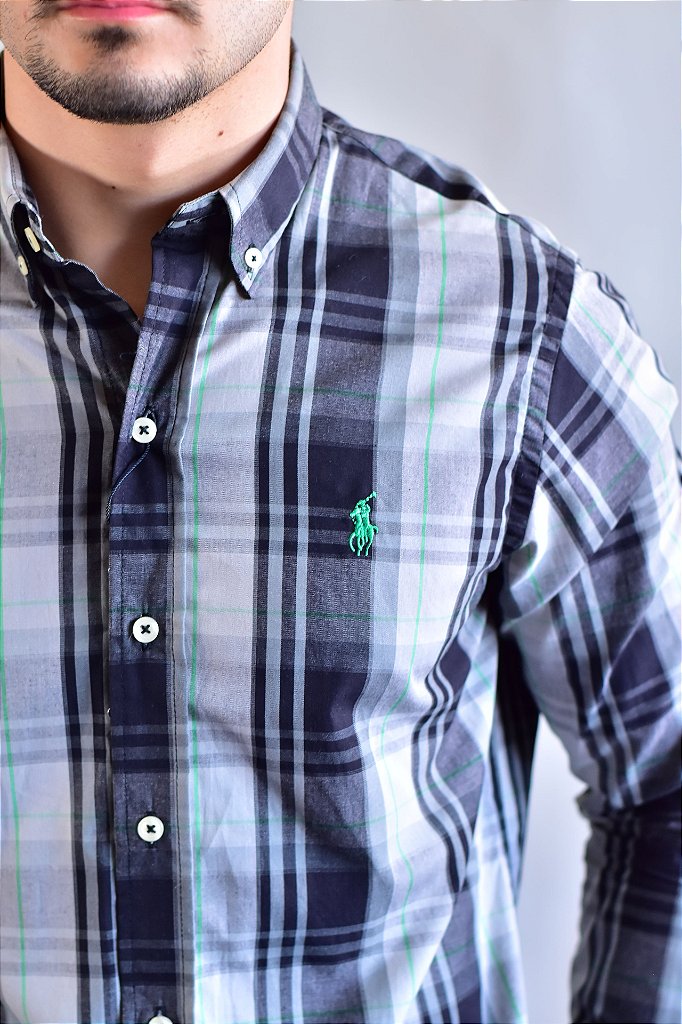 Camisa RL Manga Longa - Xadrez Cinza Small Pony Verde