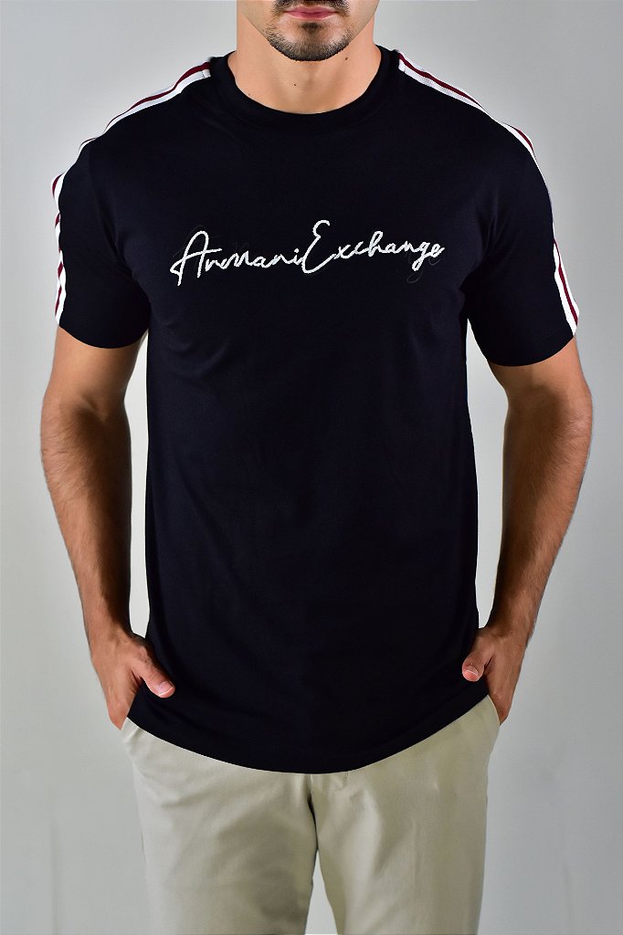 Camiseta AX Stripes Cursive Logo - Preto