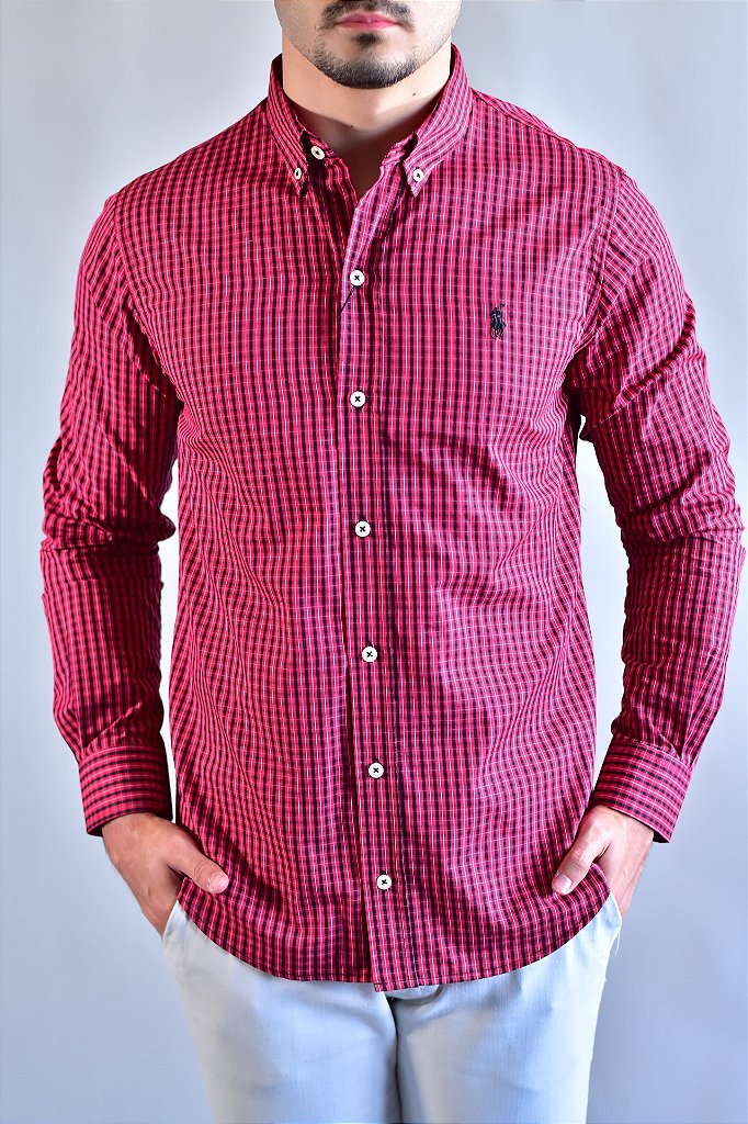 Camisa RL Manga Longa - Microxadrez Vermelho e Preto