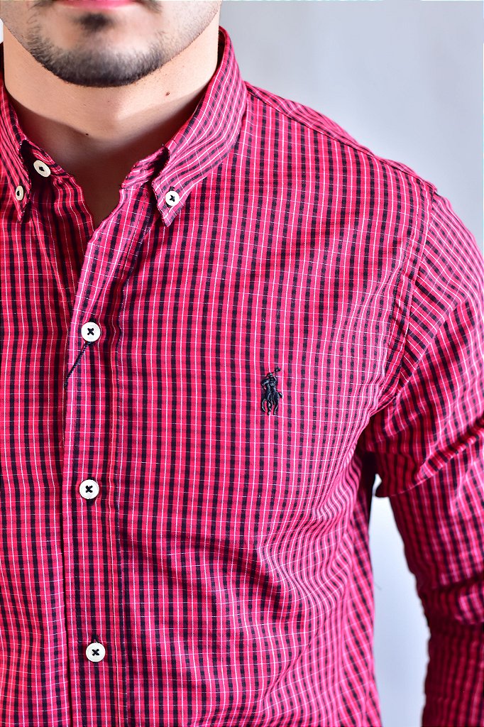 Camisa RL Manga Longa - Microxadrez Vermelho e Preto