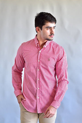 Camisa Social RL Manga Longa - Microxadrez Vermelho Small Pony Color
