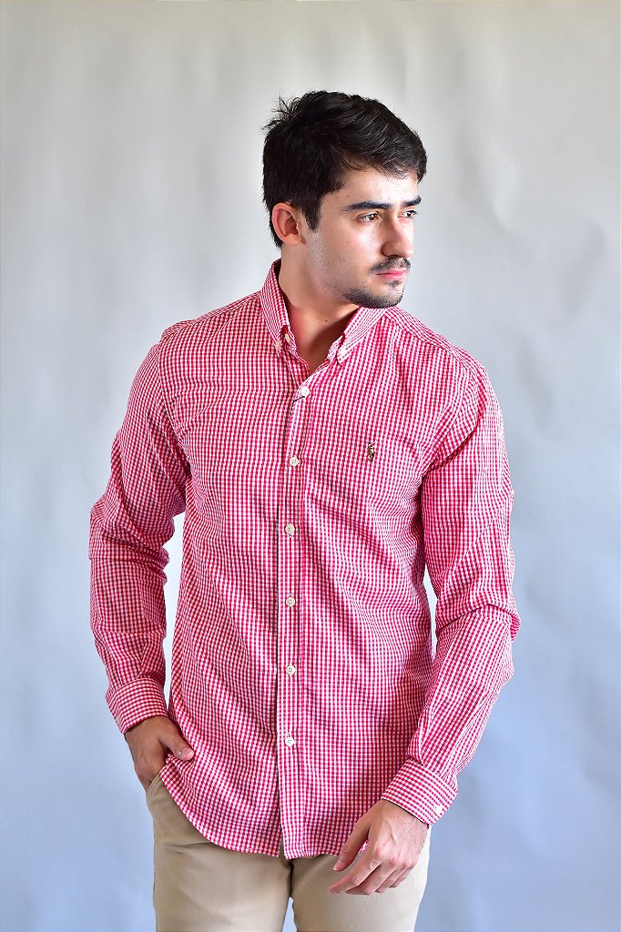 Camisa Social RL Manga Longa - Microxadrez Vermelho Small Pony Color