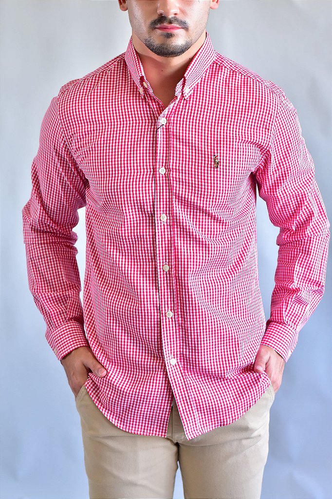 Camisa Social RL Manga Longa - Microxadrez Vermelho Small Pony Color