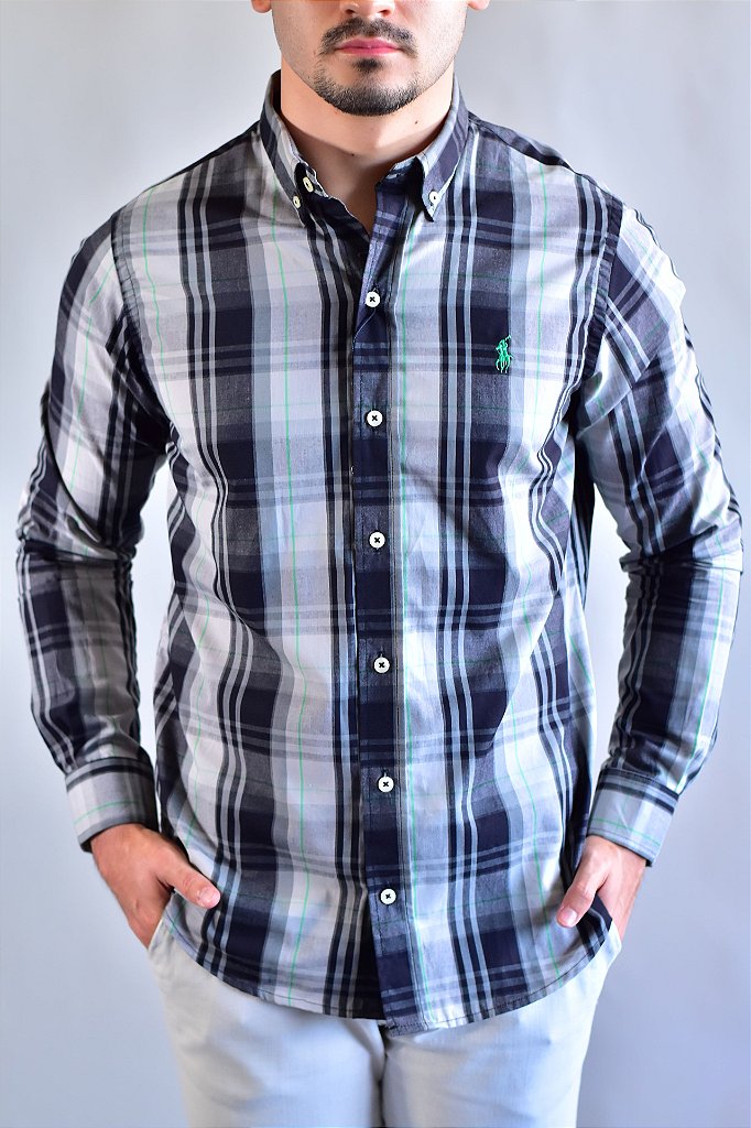 Camisa RL Manga Longa - Xadrez Cinza Small Pony Verde