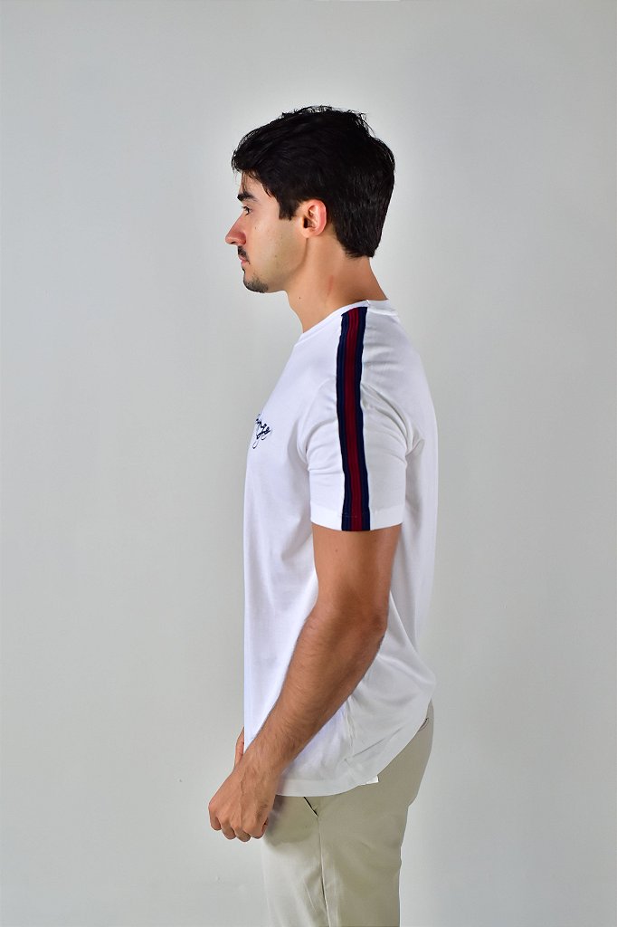 Camiseta AX Stripes Cursive Logo - Branca