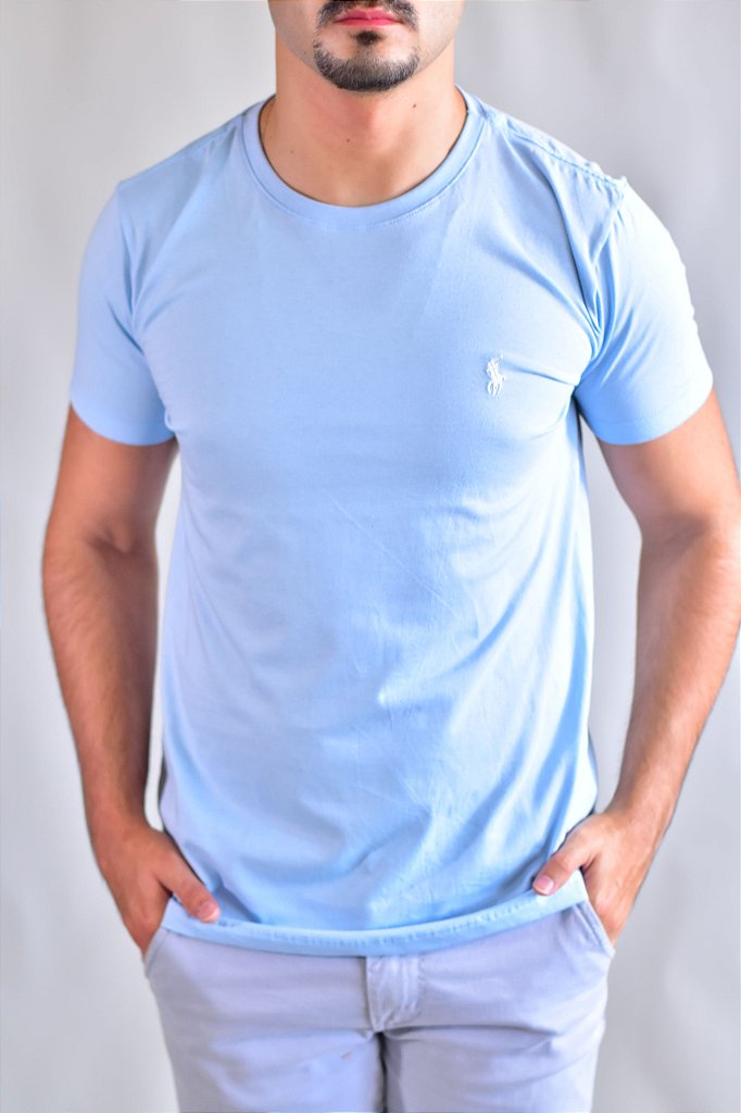 Camiseta Masculina RL – Azul Bebê Small Pony Branco
