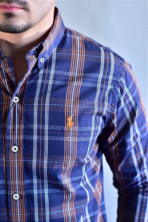 Camisa RL Manga Longa - Xadrez Azul Marinho linhas em Laranja e Branco