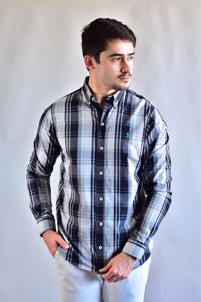 Camisa RL Manga Longa - Xadrez Cinza Small Pony Verde