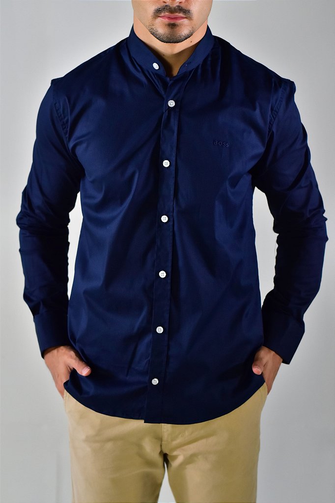 Camisa Social Manga Longa Boss Gola Padre - Azul Marinho