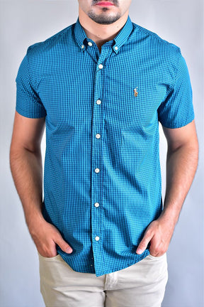 Camisa Manga Curta RL - Microxadrez Turquesa | Preto