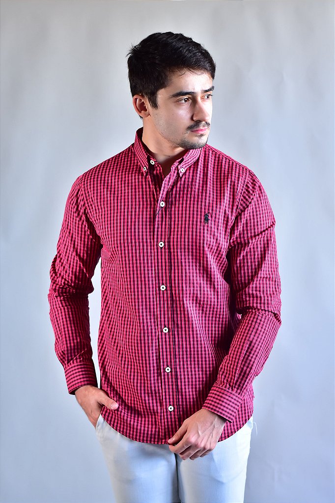 Camisa RL Manga Longa - Microxadrez Vermelho e Preto