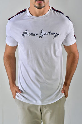 Camiseta AX Stripes Cursive Logo - Branca